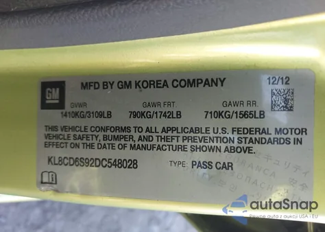 2013 Chevrolet Spark 1Lt Auto z USA, uszkodzony, nr VIN KL8CD6S92DC548028